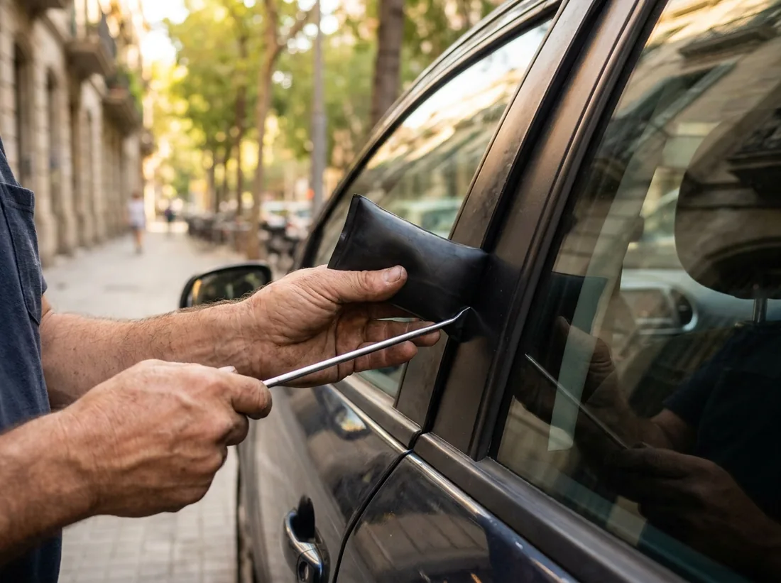 Cerrajero abriendo la puerta de un coche con cuña y varilla sin dañar la carrocería en Barcelona