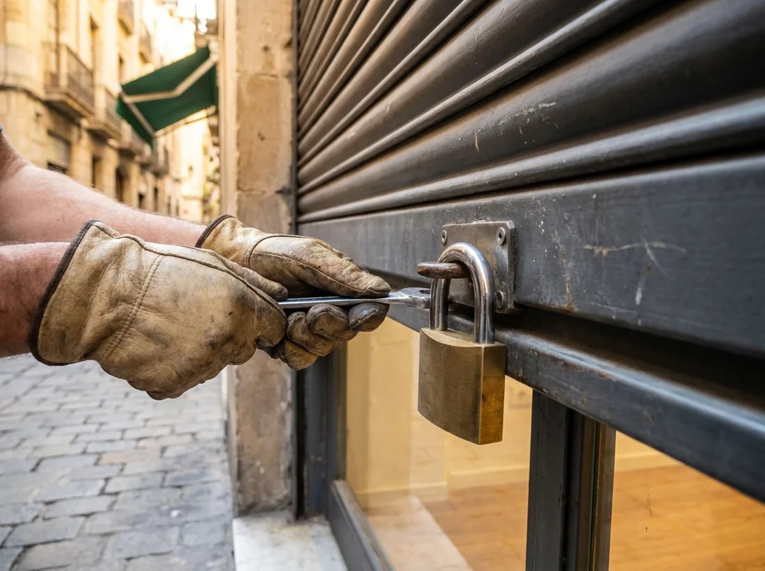 Cerrajero asegurando la persiana metálica de un comercio con cerradura central en Barcelona